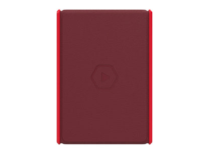 A burgundy textured cover with bright red sides and a central embossed hexagonal play button logo