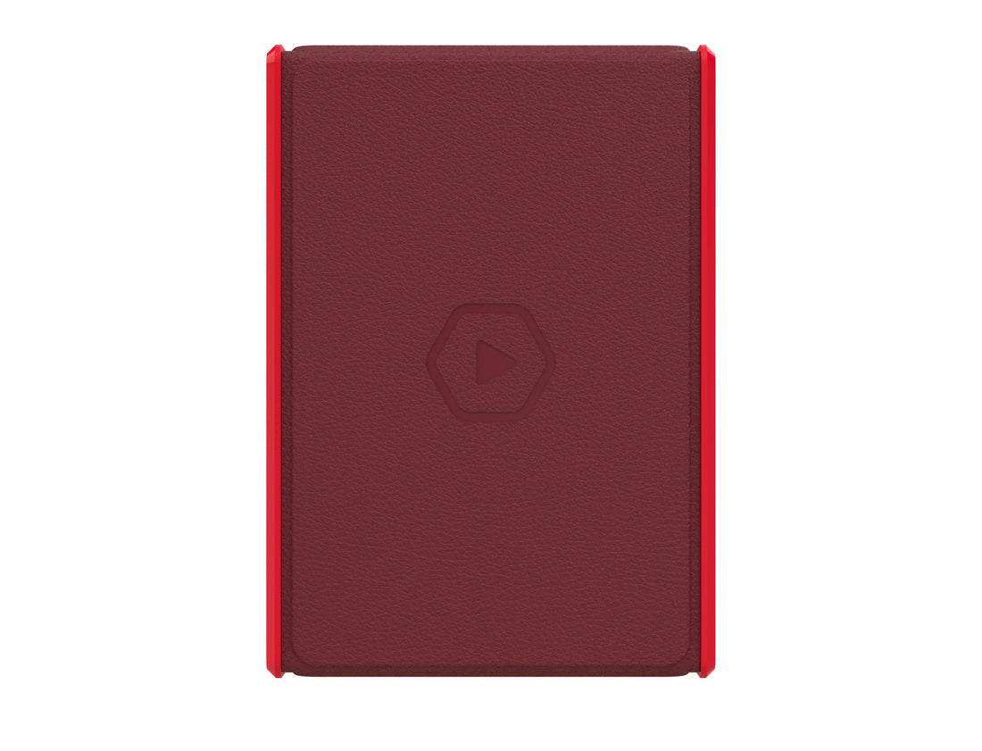 A burgundy textured cover with bright red sides and a central embossed hexagonal play button logo