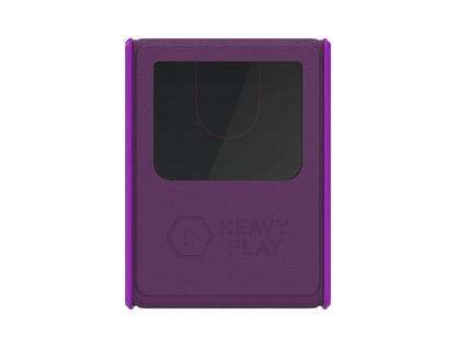 Purple textured case with a dark rectangular window and an embossed 'HEAVY PLAY' logo
