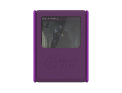 Purple card case displaying a 'Noble Purple' card with an armored man and crows 
