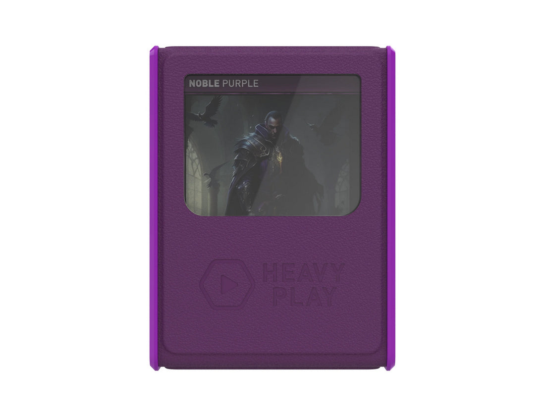 Purple card case displaying a &#39;Noble Purple&#39; card with an armored man and crows 