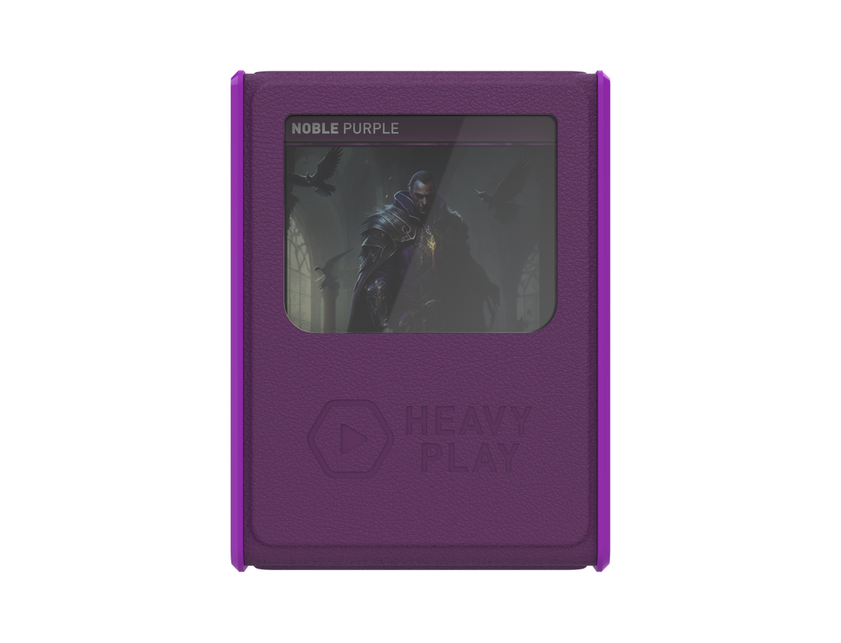 Heavy Play MAX 133 DS RFG Noble Purple Deckbox displaying a fantasy card with a dark armored figure and two birds