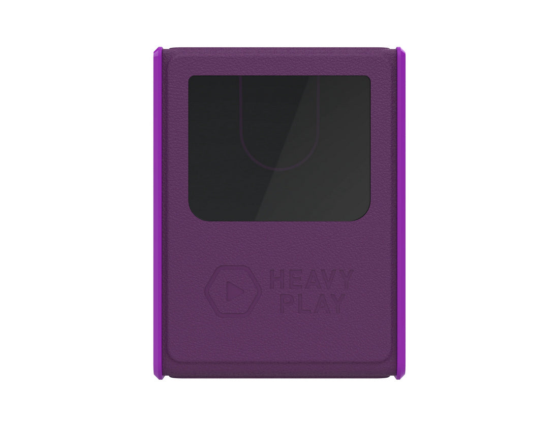 Purple textured case with a dark rectangular window and an embossed &#39;HEAVY PLAY&#39; logo