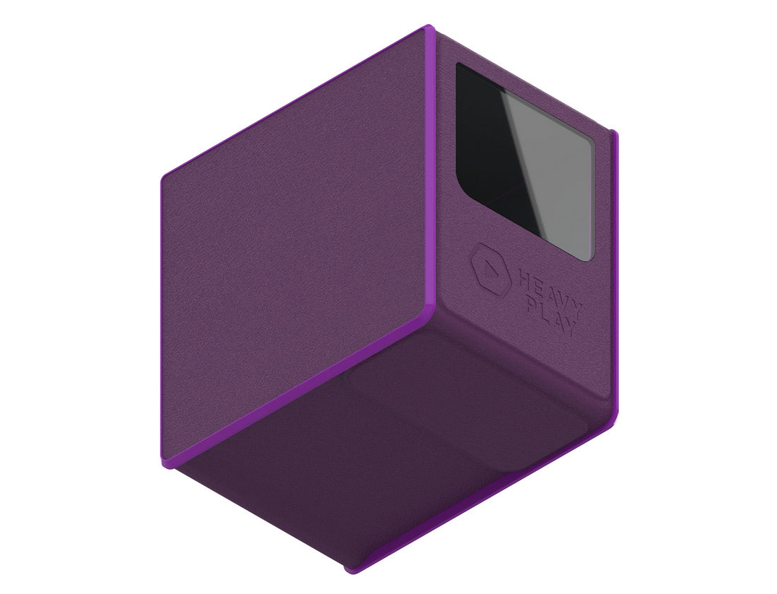 Angled deep purple textured box with &quot;HEAVY PLAY&quot; branding and a clear label window