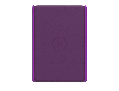 A textured dark purple tablet case with bright purple edges and an embossed play button icon in the center