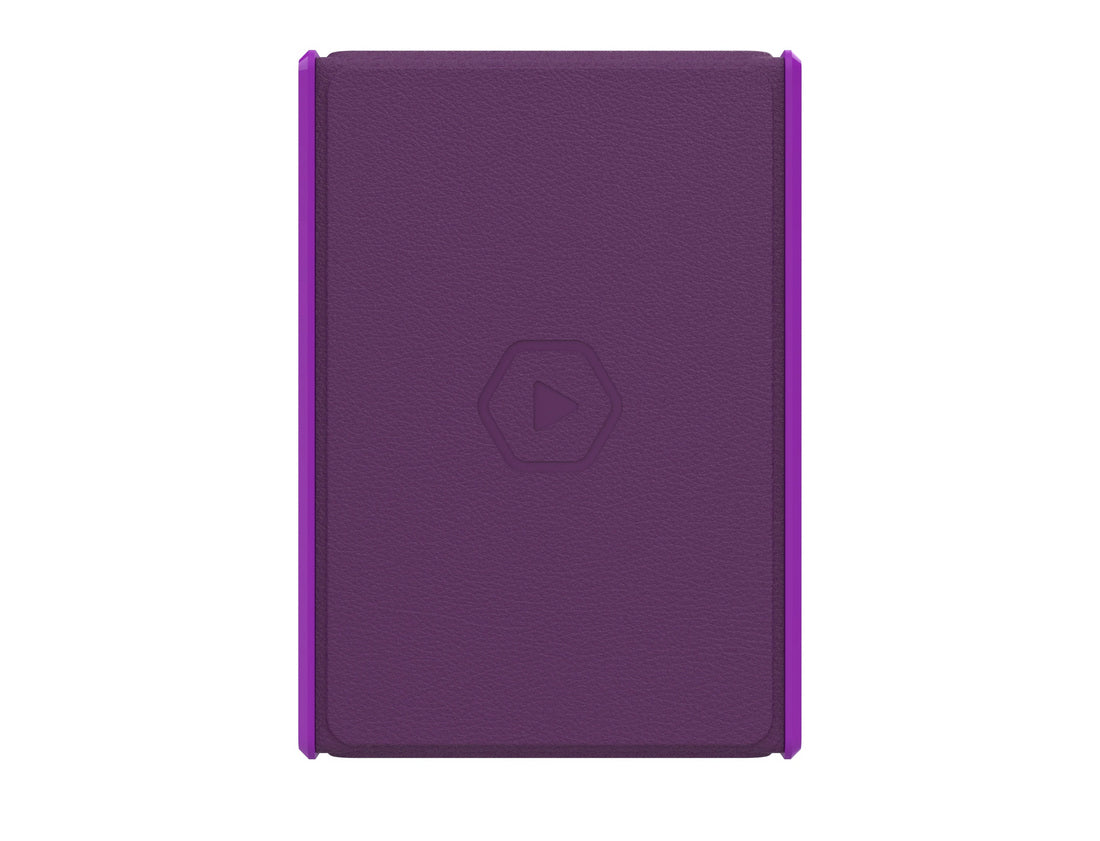 A textured dark purple tablet case with bright purple edges and an embossed play button icon in the center