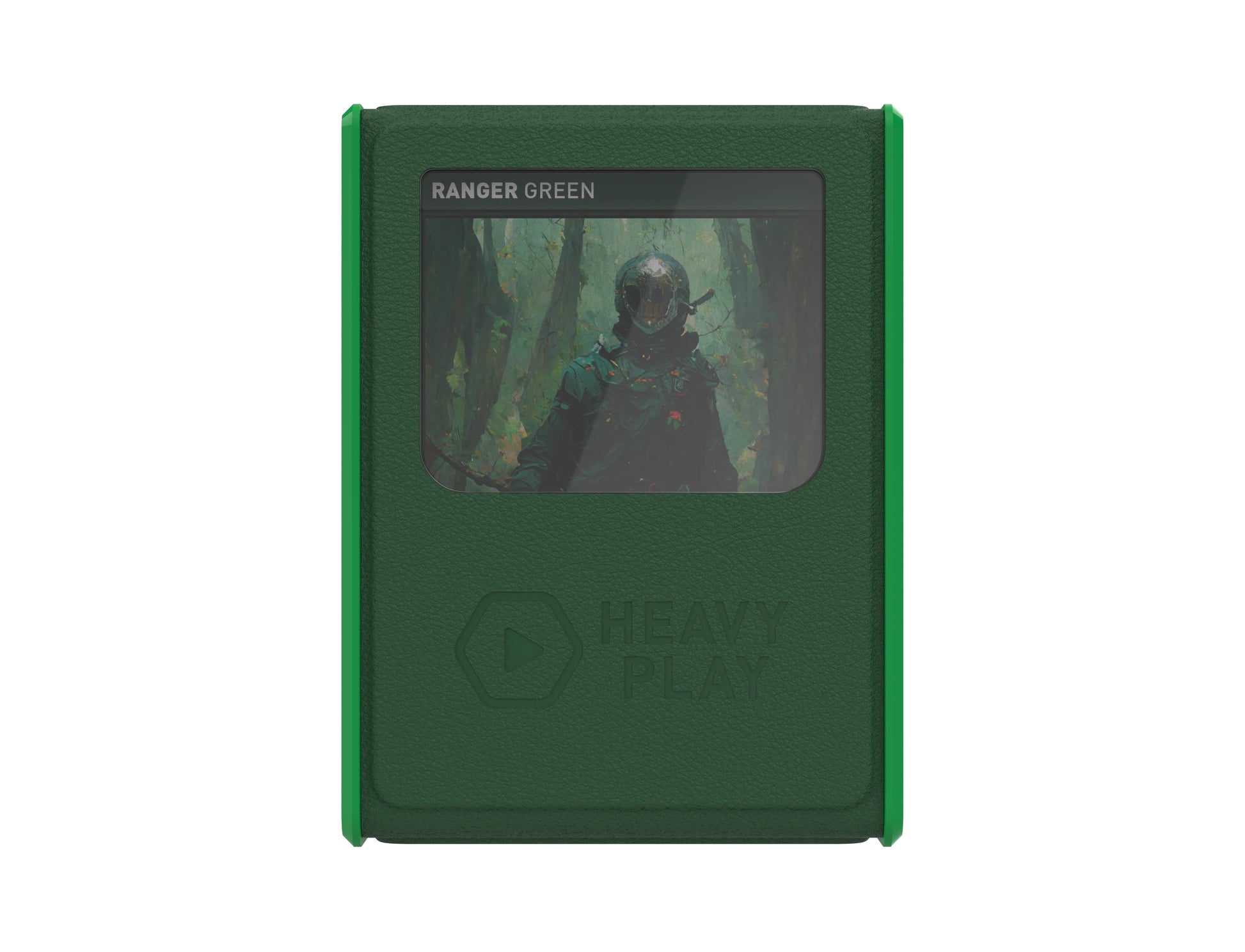 Dark green, textured card sleeve with bright green trim, showing 'Ranger Green' art of a helmeted figure in a jungle and a Heavy Play logo