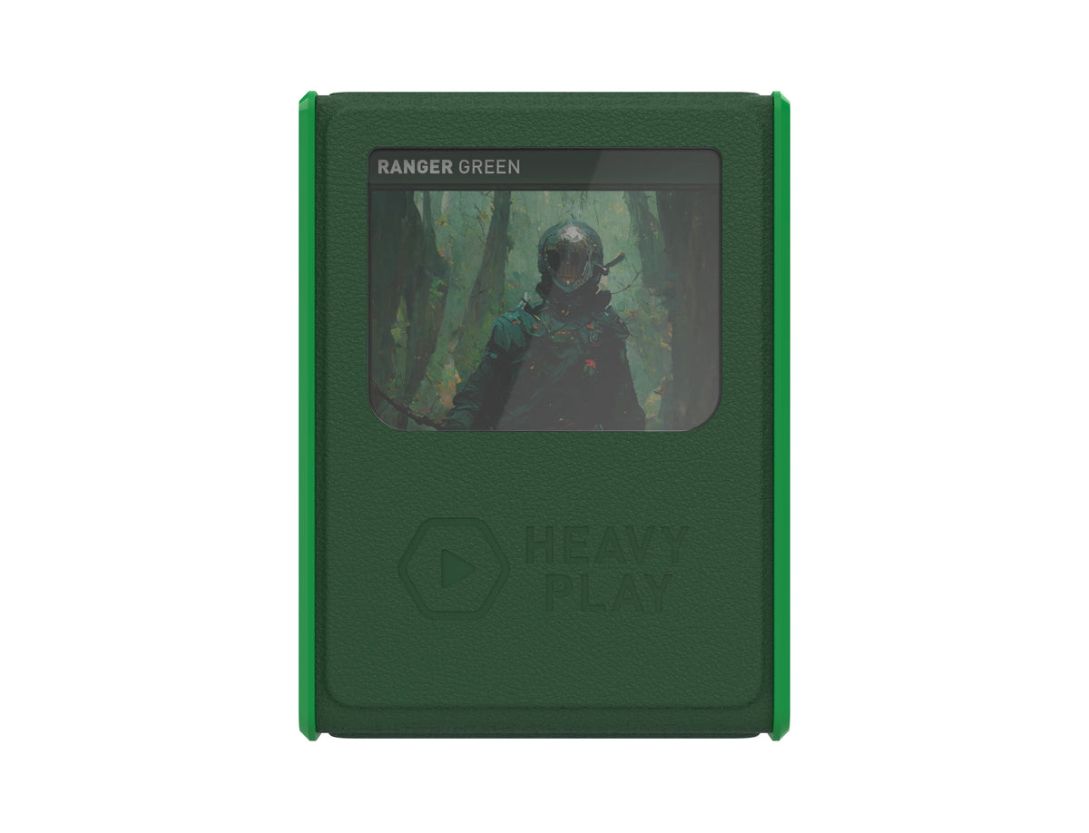 Dark green, textured card sleeve with bright green trim, showing &#39;Ranger Green&#39; art of a helmeted figure in a jungle and a Heavy Play logo