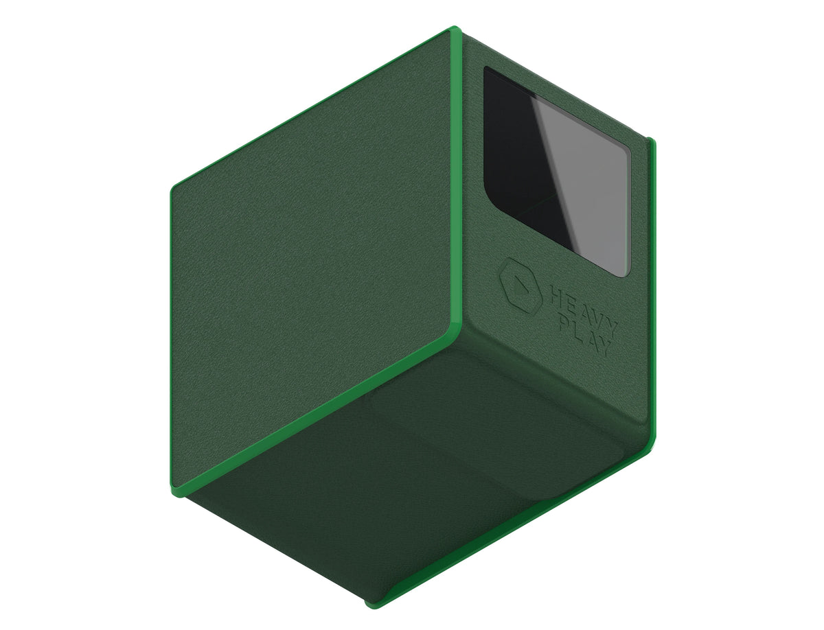 Angled dark green textured box with bright green trim, embossed &#39;HEAVY PLAY&#39; logo, and a dark rectangular panel