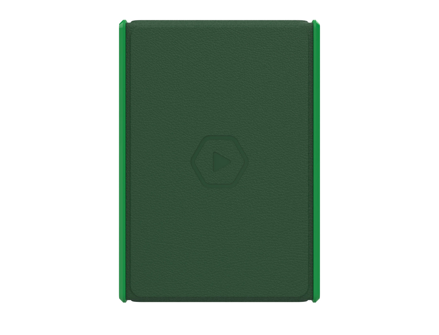 Dark green textured case with bright green edges and a central embossed hexagon play button