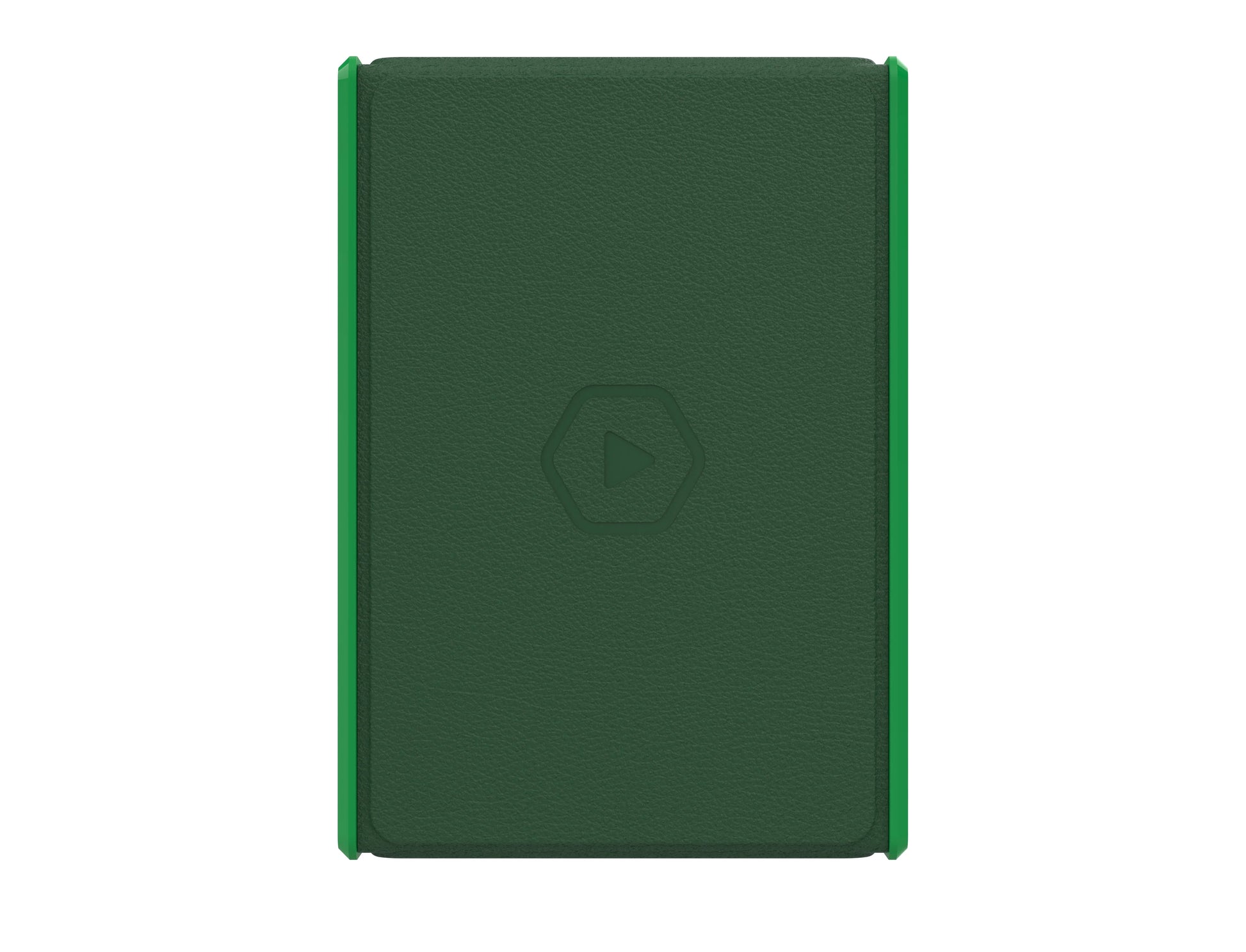 Dark green textured case with bright green edges and a central embossed hexagon play button