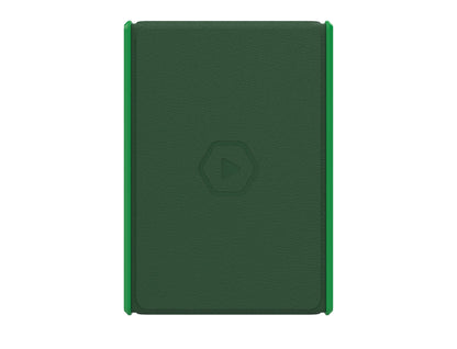 Dark green textured case with bright green edges and a central embossed hexagon play button