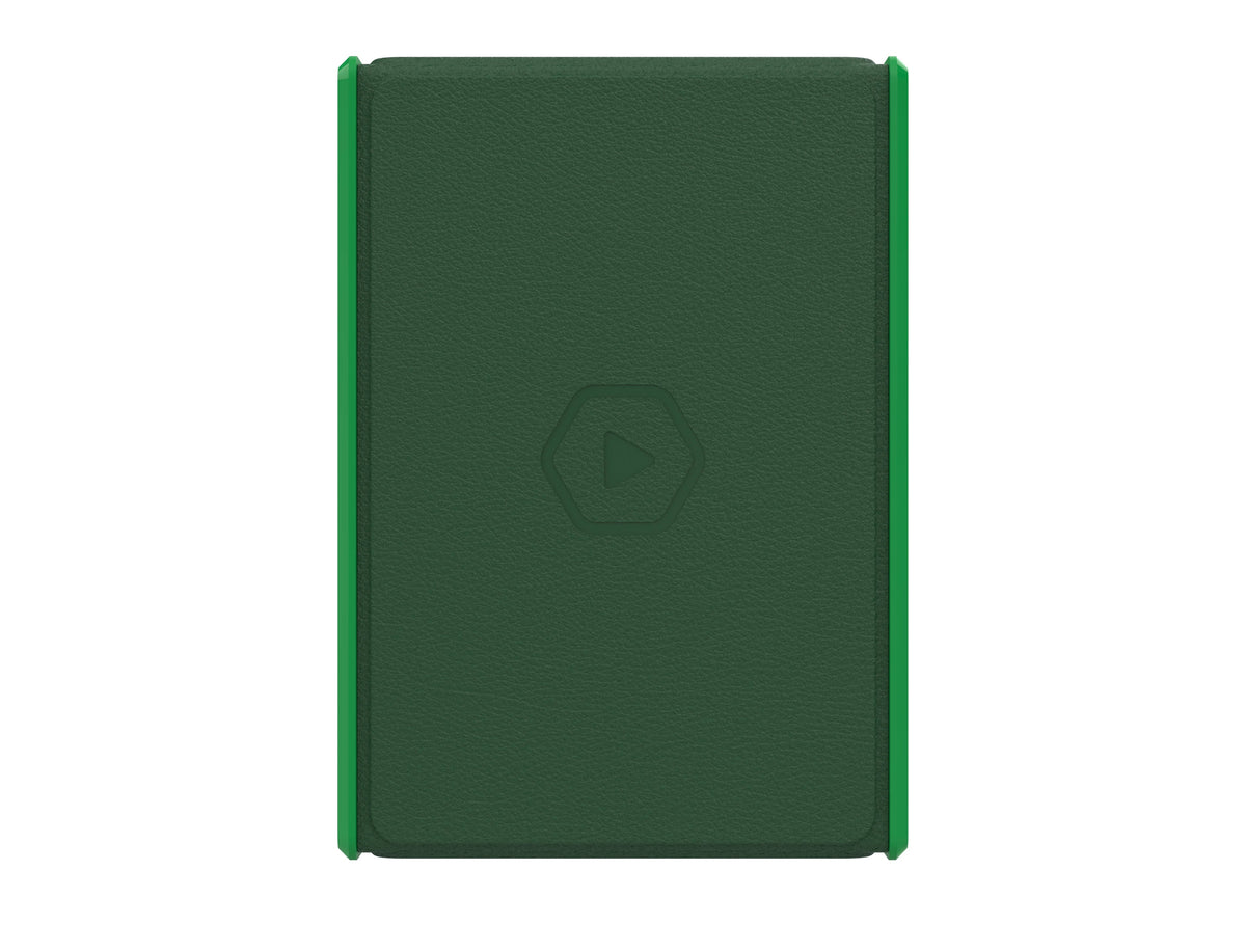 Dark green textured case with bright green edges and a central embossed hexagon play button