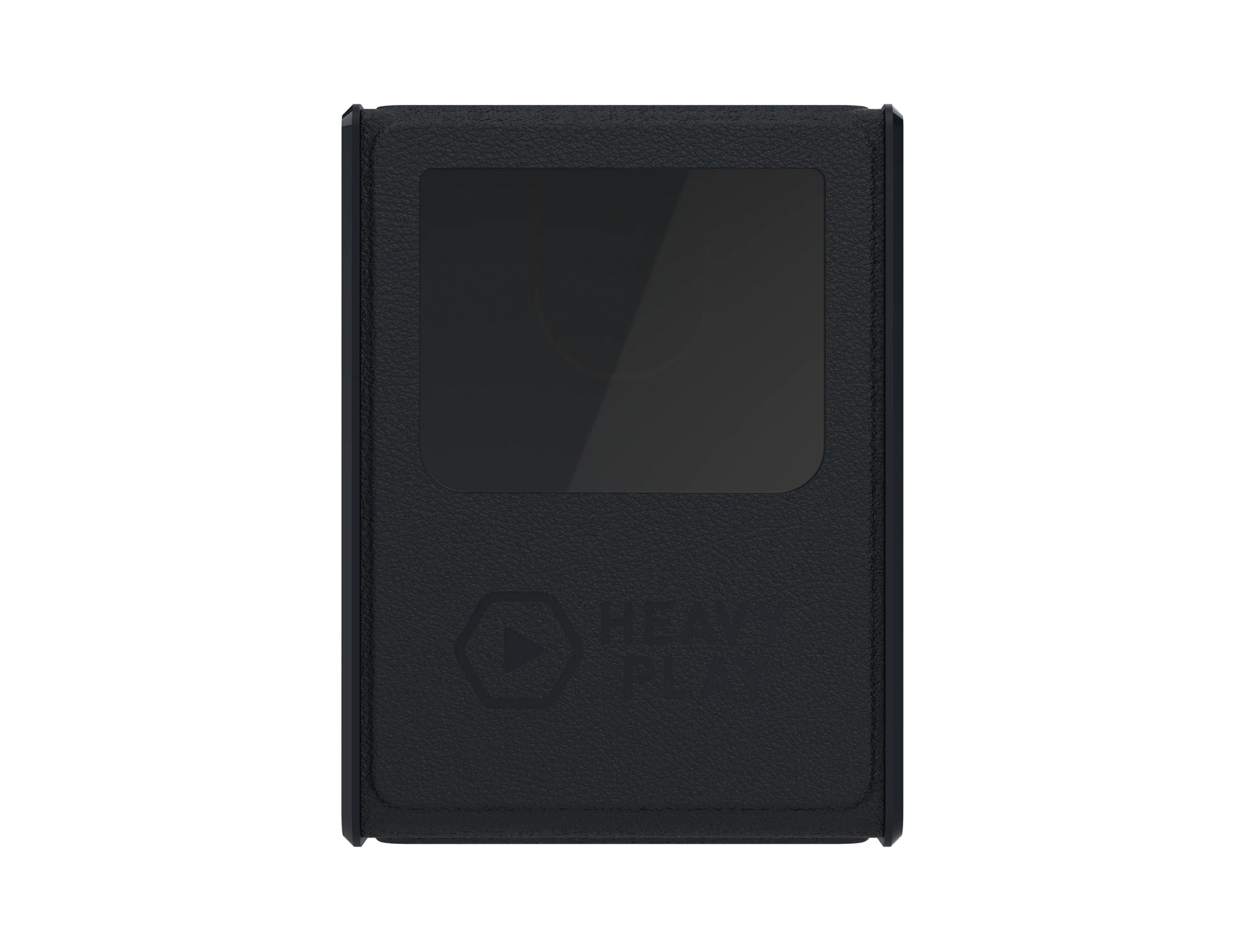 Black textured case with a dark rectangular screen and an embossed 'HEAVY PLAY' logo