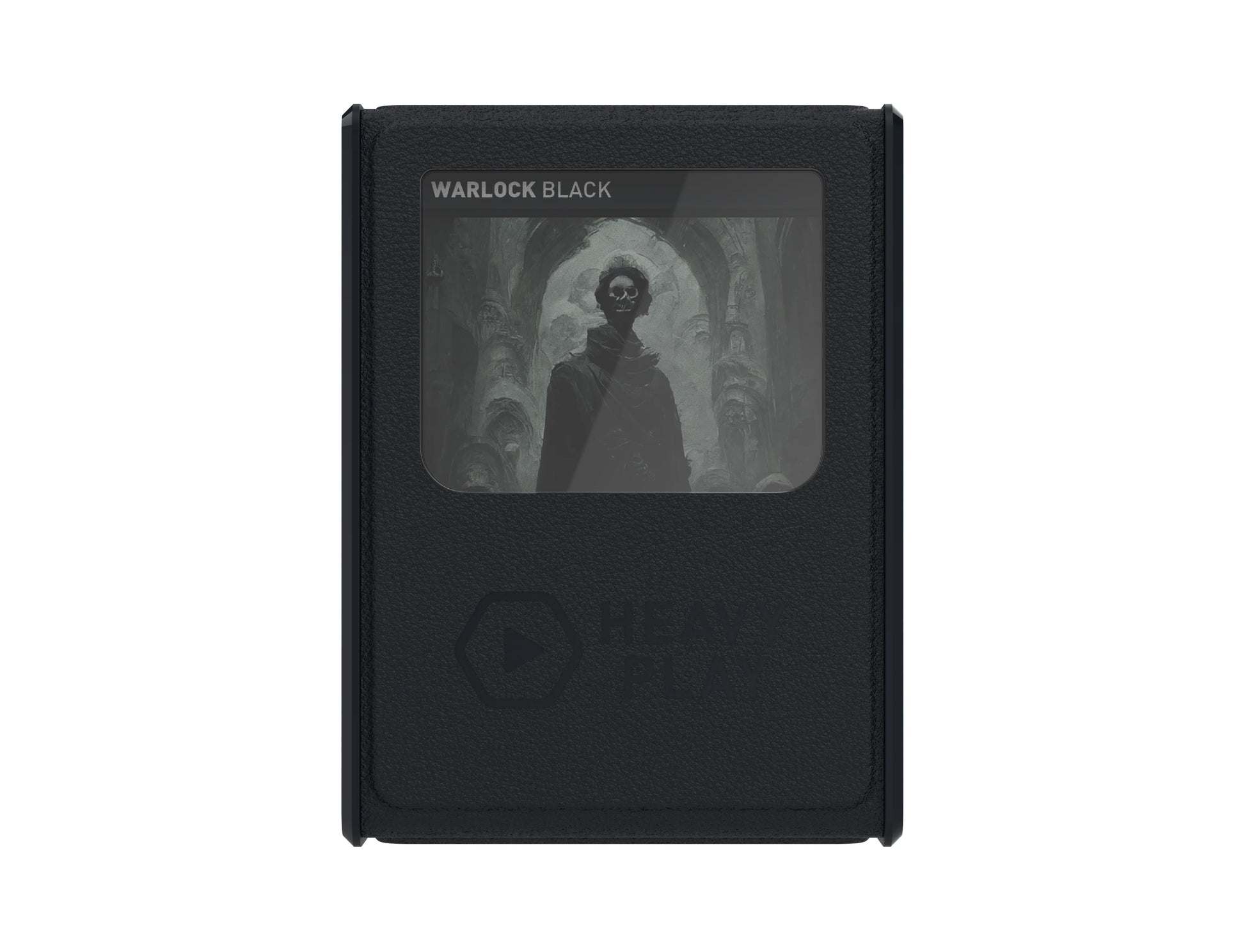 A black textured case displays a 'Warlock Black' card with a warlock in a dark hall