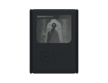 A black textured case displays a 'Warlock Black' card with a warlock in a dark hall