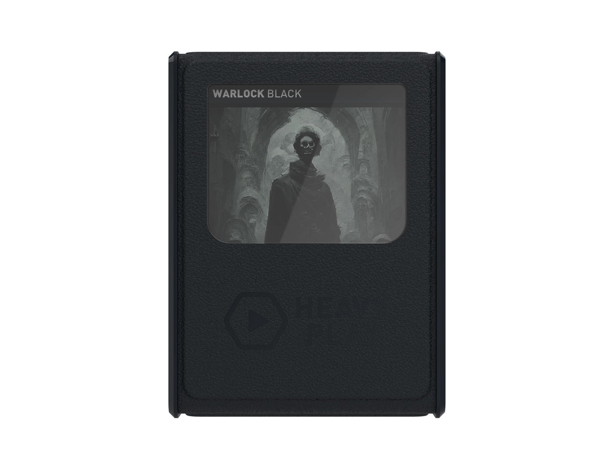 A black textured case displays a &#39;Warlock Black&#39; card with a warlock in a dark hall