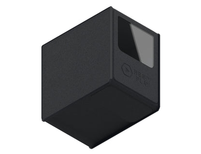 Angled dark gray textured device with a black screen-like panel and "HEAVY PLAY" logo on white