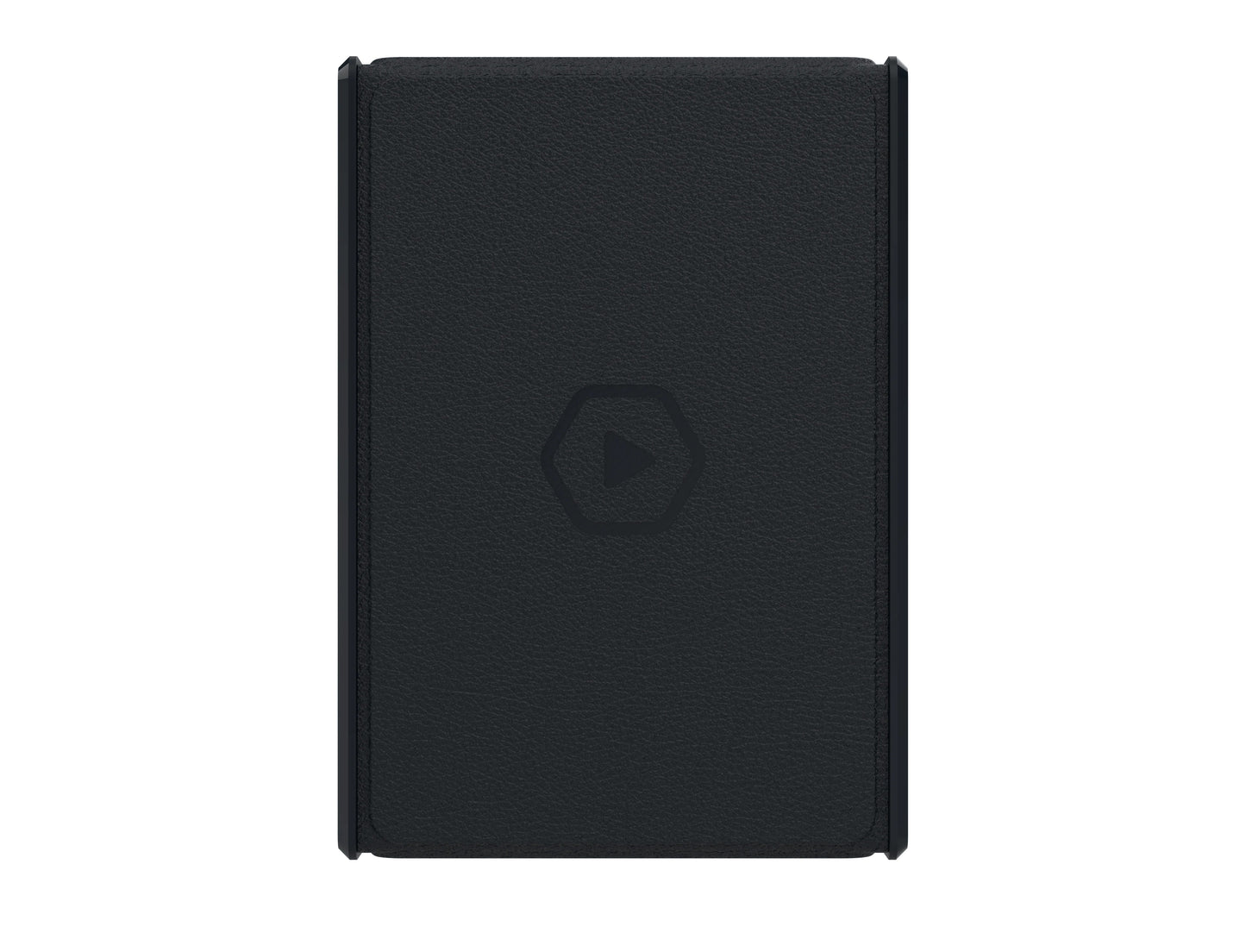 Dark textured rectangular device with a subtle, centered play button icon