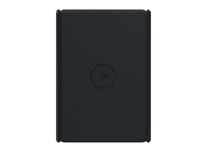 Dark textured rectangular device with a subtle, centered play button icon