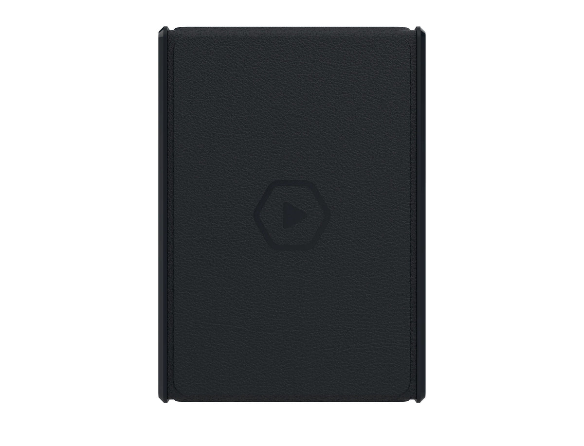 Dark textured rectangular device with a subtle, centered play button icon