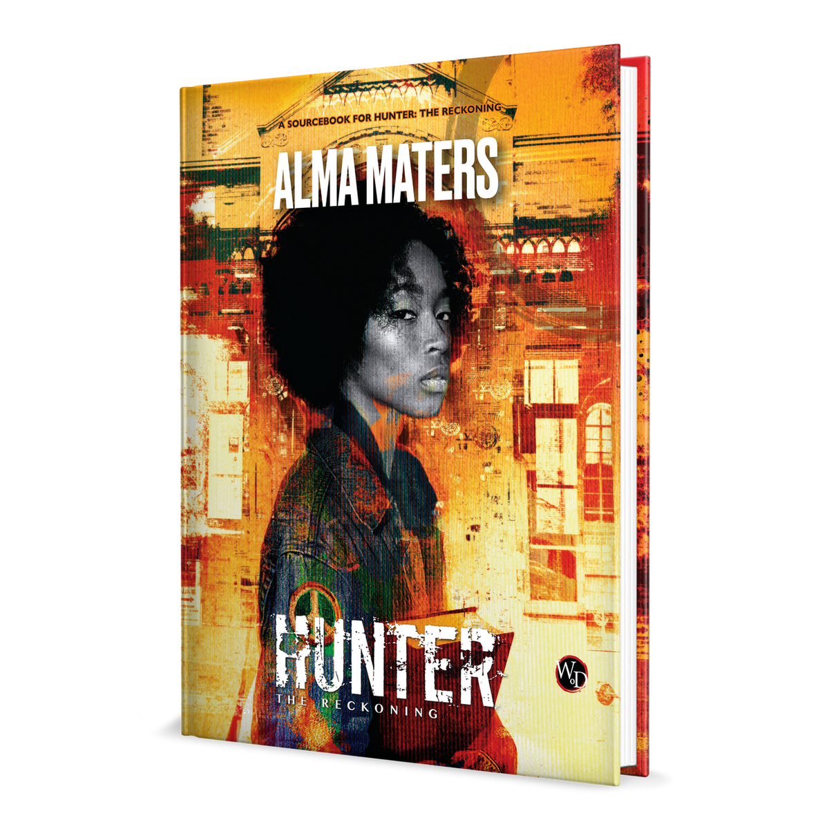 Front View of Alma Maters for Hunter The Reckoning. Woman with afro and denim jacket against distressed orange building art