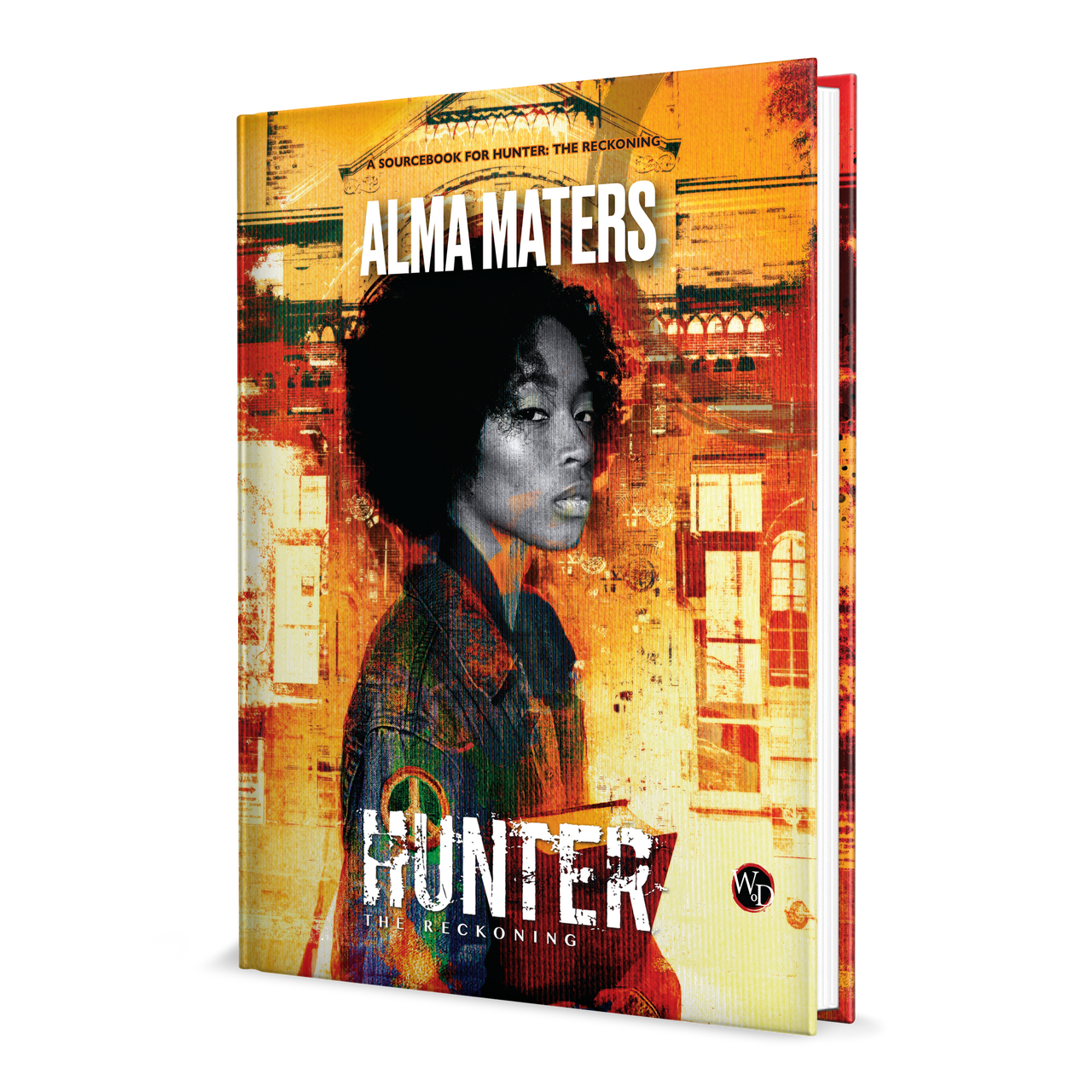 Front View of Alma Maters for Hunter The Reckoning. Woman with afro and denim jacket against distressed orange building art