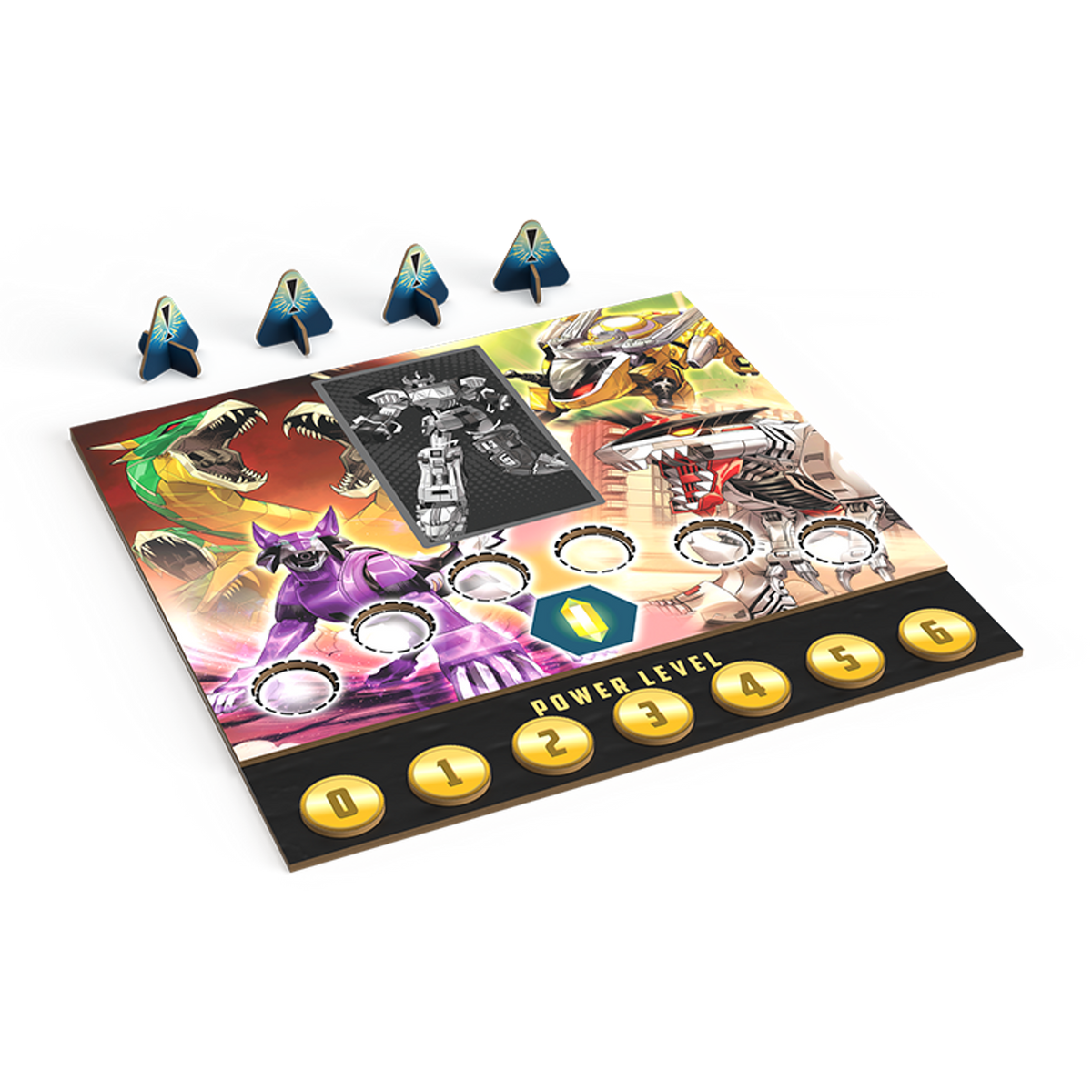 A vibrant board game mat with monster art, a robot card, a &#39;Power Level&#39; track and blue pyramid tokens