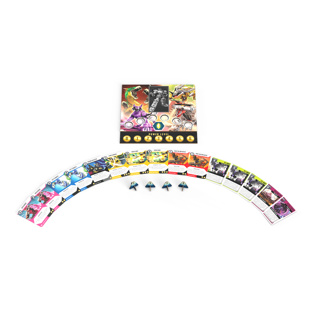 Tabletop game components: A 'Power Level' board, fanned game cards featuring diverse creatures and small tokens