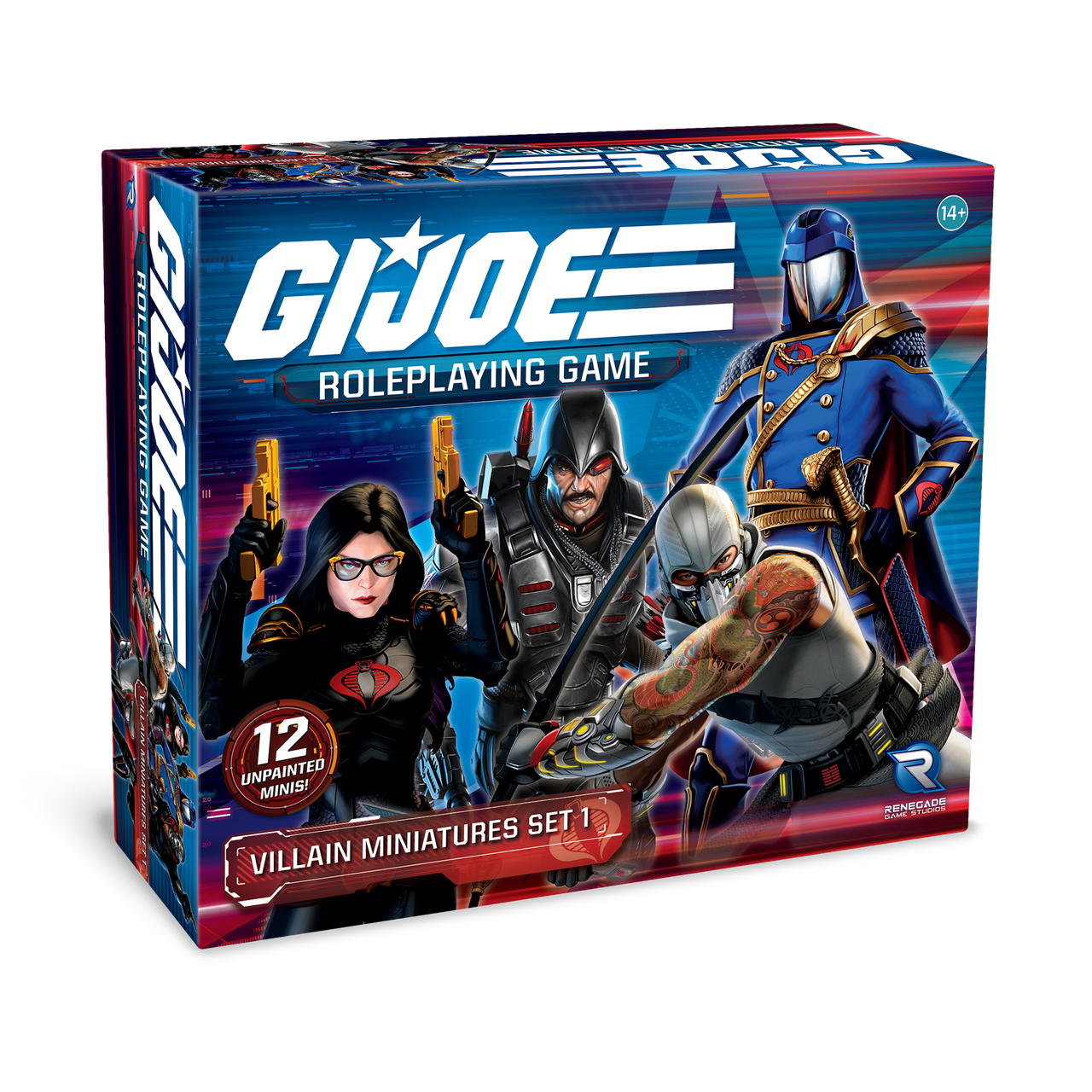 GI JOE Roleplaying Game Villain Miniatures Set 1 featuring Cobra Commander Destro and Storm Shadow on a box