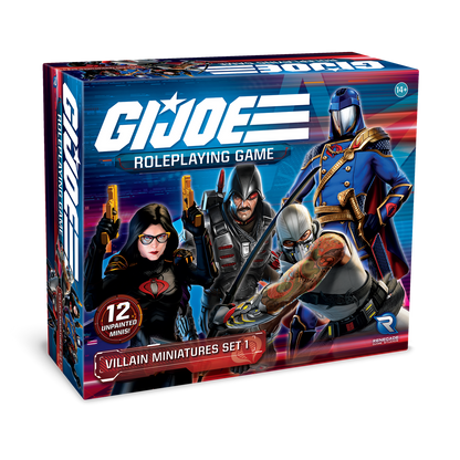 GI JOE Roleplaying Game Villain Miniatures Set 1 featuring Cobra Commander Destro and Storm Shadow on a box