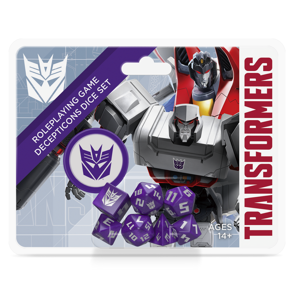 Transformers RPG Decepticons Dice Set package, featuring Megatron, Starscream, and purple dice