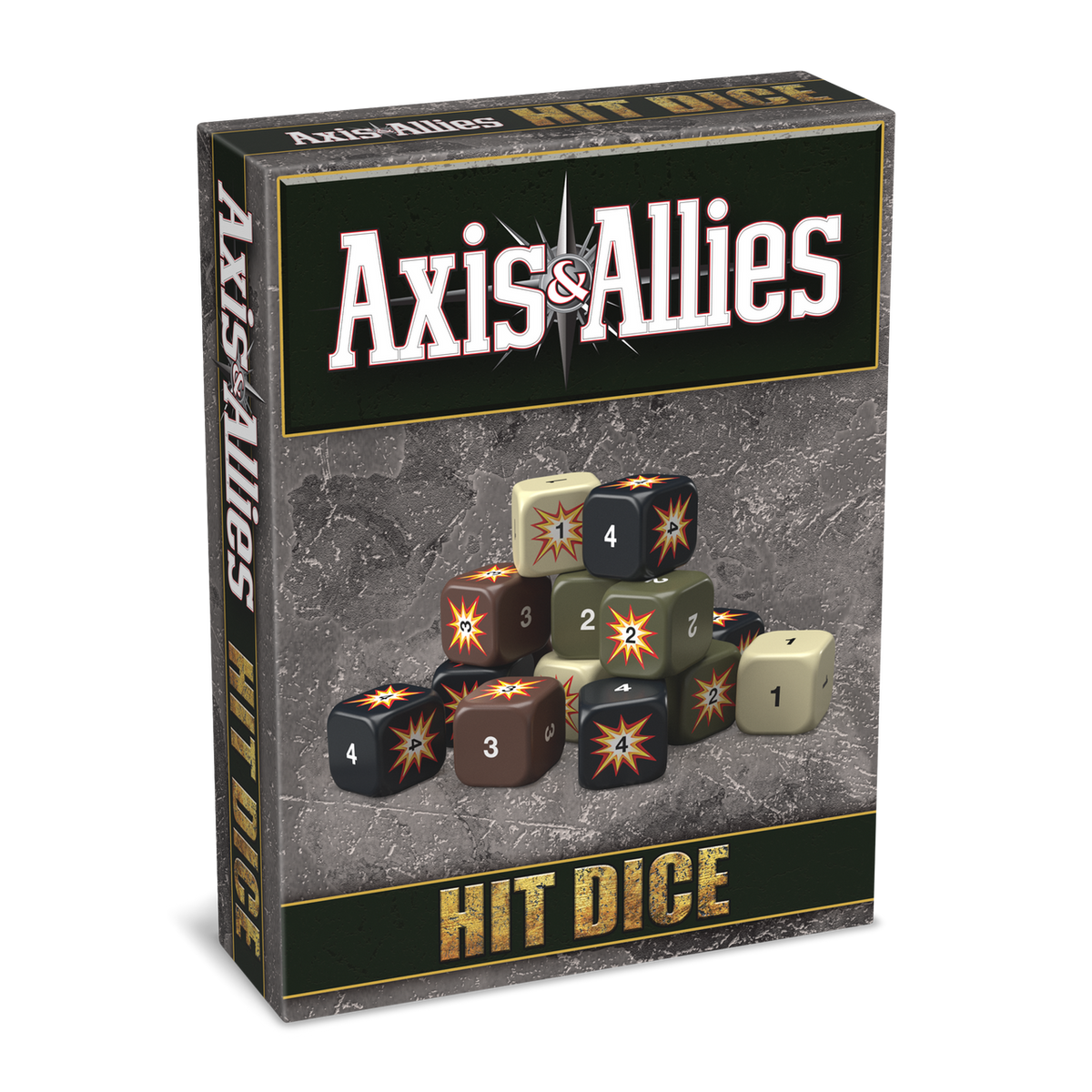 Axis &amp; Allies Hit Dice box with a stack of beige, green, brown, and black dice showing numbers and explosion symbols