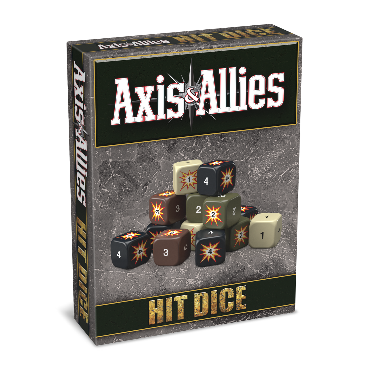Axis & Allies Hit Dice box with a stack of beige, green, brown, and black dice showing numbers and explosion symbols