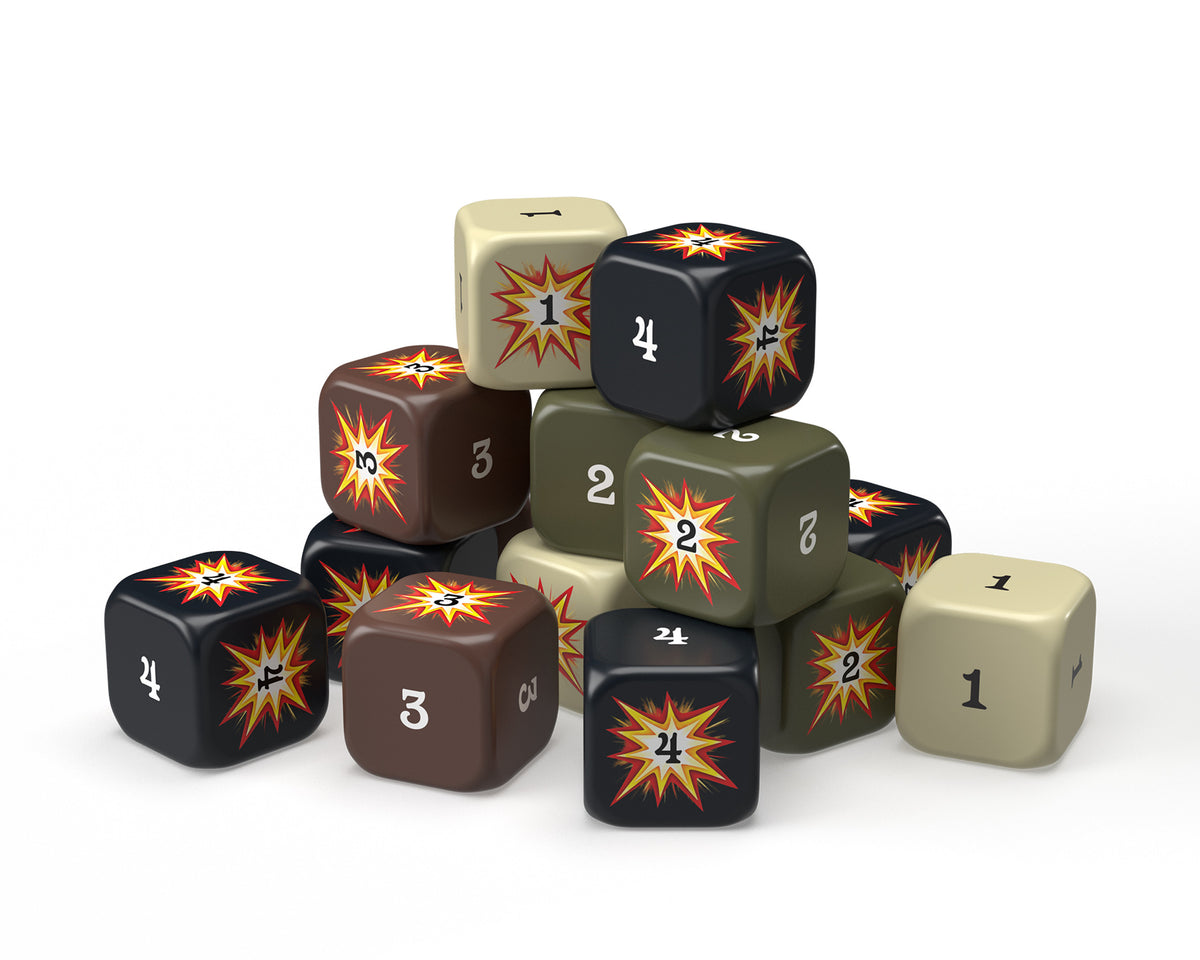 Stack of black, brown, green, and cream game dice featuring numbers and numbered starbursts