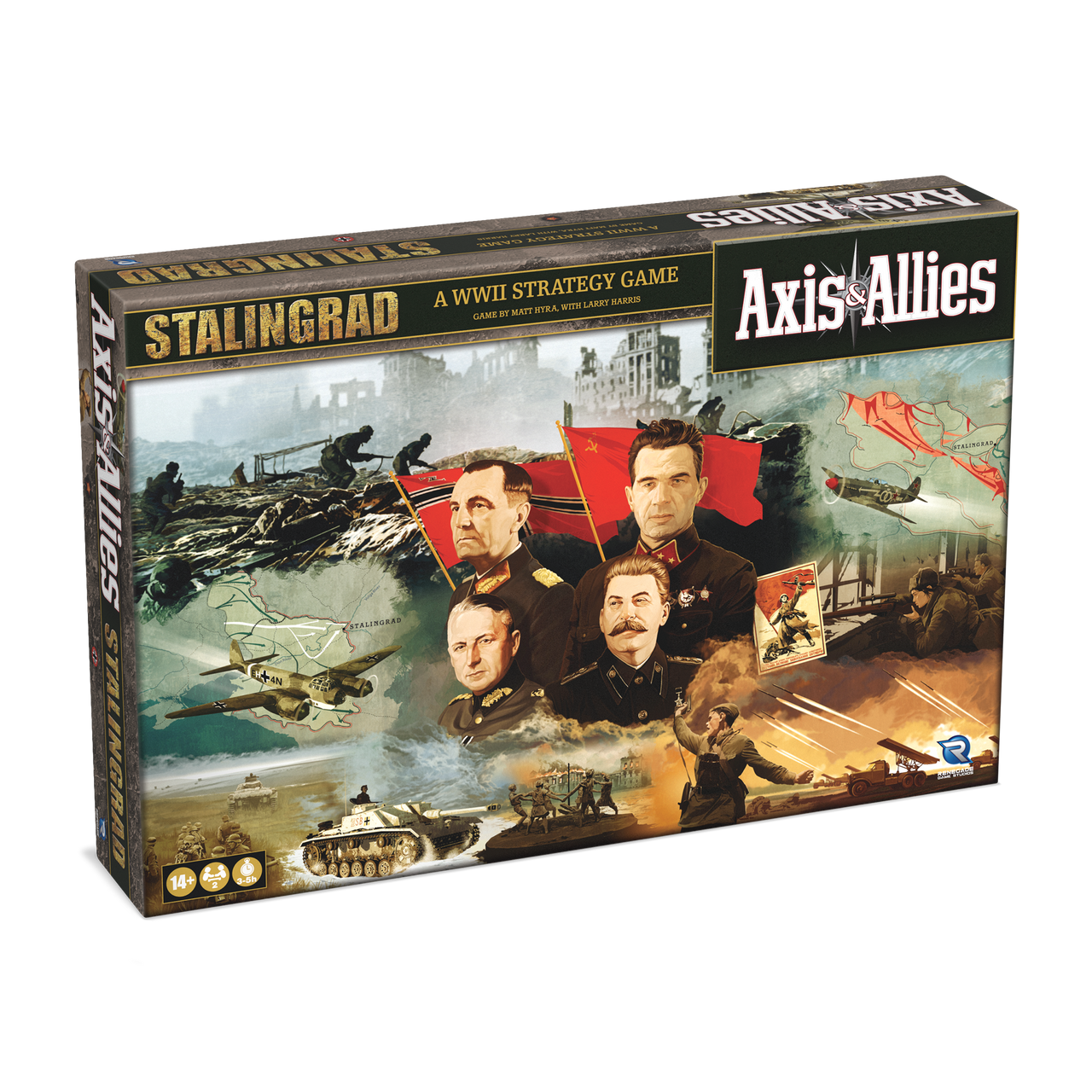 Axis & Allies Stalingrad WWII strategy board game box art featuring soldiers, tanks, planes, and historical leader portraits over a ruined city map