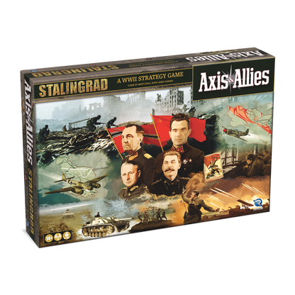 Axis & Allies Stalingrad WWII strategy board game box art featuring soldiers, tanks, planes, and historical leader portraits over a ruined city map