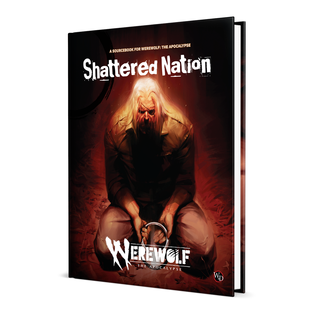 Cover of 'Shattered Nation: Werewolf: The Apocalypse' book- a long-haired man kneels, holding a metal ring