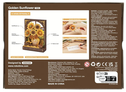 Packaging for a Golden Sunflower 3D wooden puzzle showing the assembled miniature floral scene