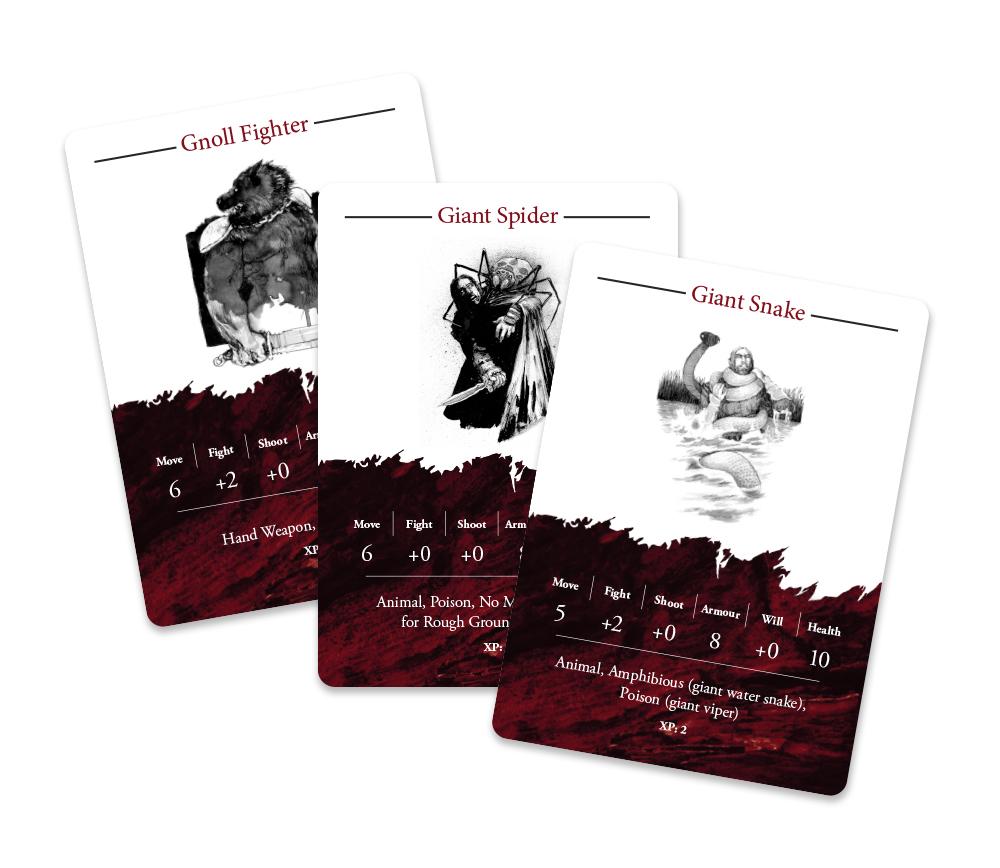 Three fantasy game monster cards: Gnoll Fighter, Giant Spider, and Giant Snake, fanned out, with monochrome illustrations and stats