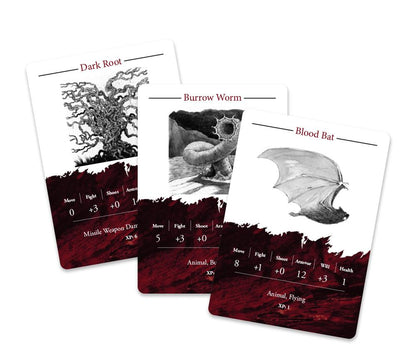 Three fantasy game cards fanned out, displaying a Dark Root, a Burrow Worm, and a Blood Bat with stats