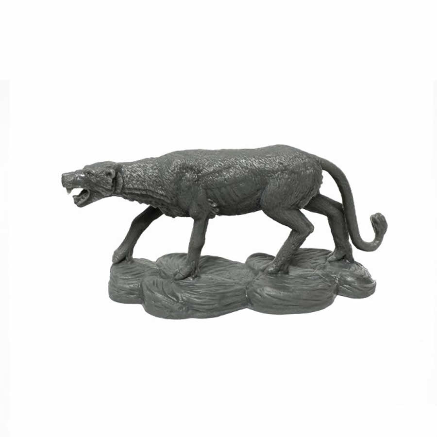A gray Leucrotta miniature figure with an open mouth and bared teeth stands on a textured base