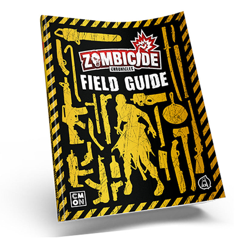 Zombicide Chronicles Field Guide book cover, black with yellow hazard stripes, featuring yellow silhouettes of a zombie, guns, chainsaw, and other survival gear
