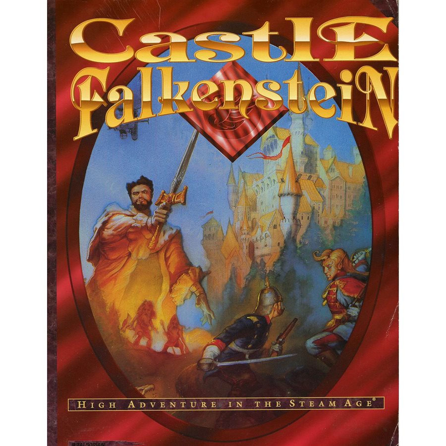 Castle Falkenstein cover art: A bearded man with a sword, soldiers, and a castle, depicting high adventure in the Steam Age.