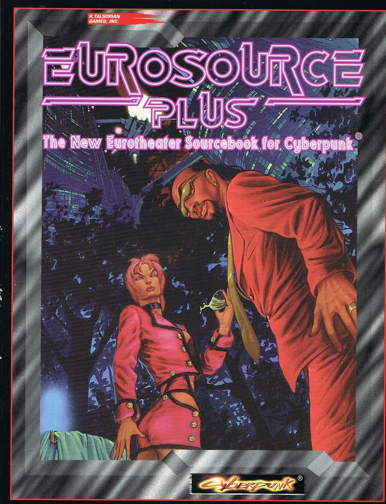 Eurosource Plus game book cover featuring a woman in pink with a man in a red suit set in a futuristic urban landscape