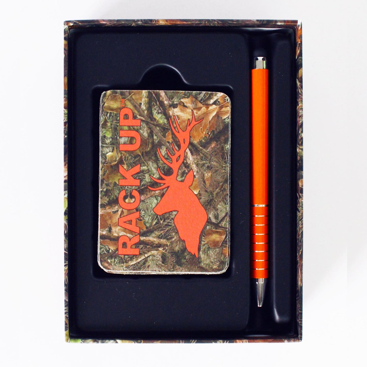Rack UP The Hunting Card Game is shown in a camouflage box with a game card featuring a deer head and an orange pen