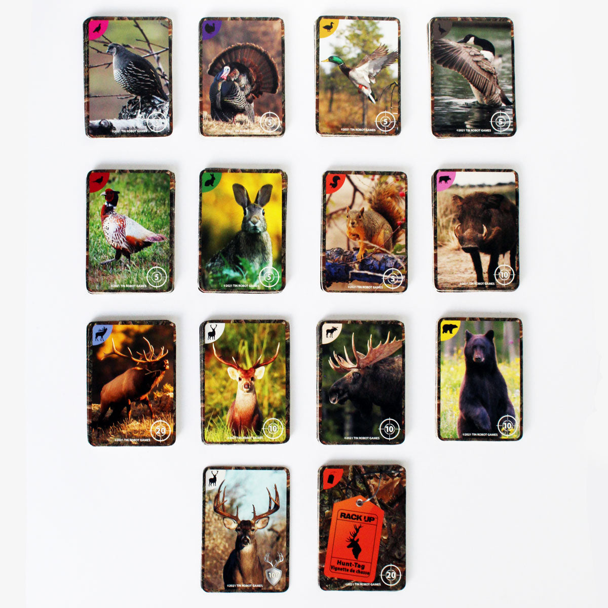 A grid of 14 Rack Up hunting card game cards displaying various wildlife including birds, mammals, and a special hunt tag