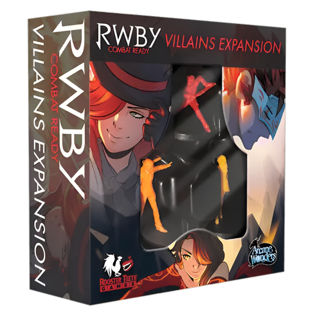 A "RWBY Combat Ready Villains Expansion" board game box with anime character art, including Cinder Fall, and three villain miniatures
