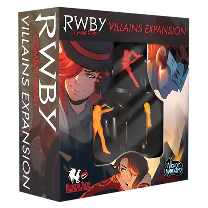 A "RWBY Combat Ready Villains Expansion" board game box with anime character art, including Cinder Fall, and three villain miniatures