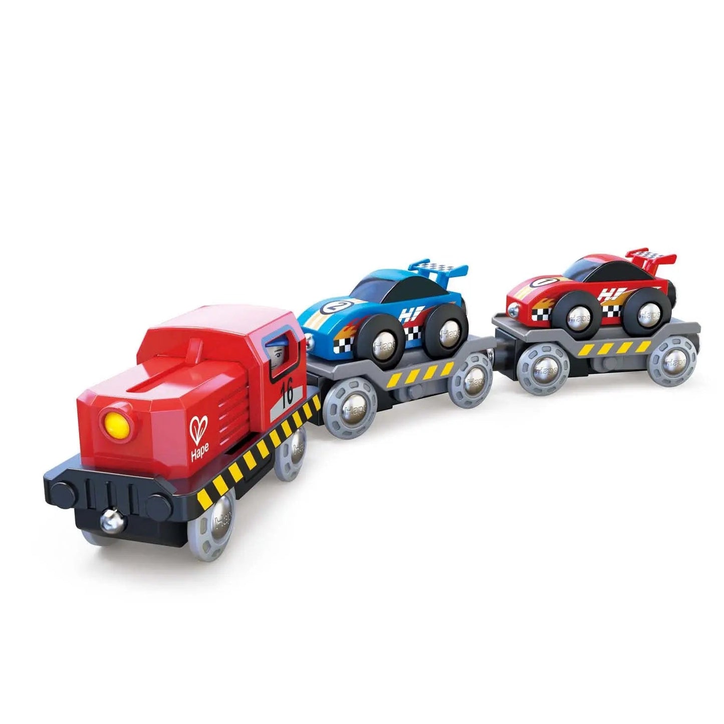 Red wooden toy train carrying two race cars (blue and red) on transport carriages